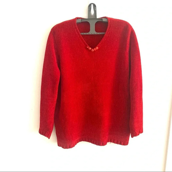 Y2K Sweater Women’s Size 1X Red Chenille Knit V-Neck  Pullover Soft Cozy  Beaded - Picture 1 of 5